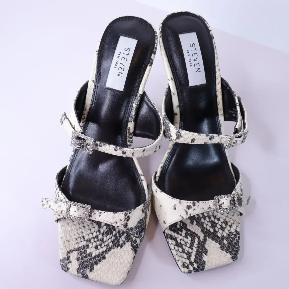 STEVEN Lanie Heeled Sandals Ivory Snakeskin Double Strap Women's 8
